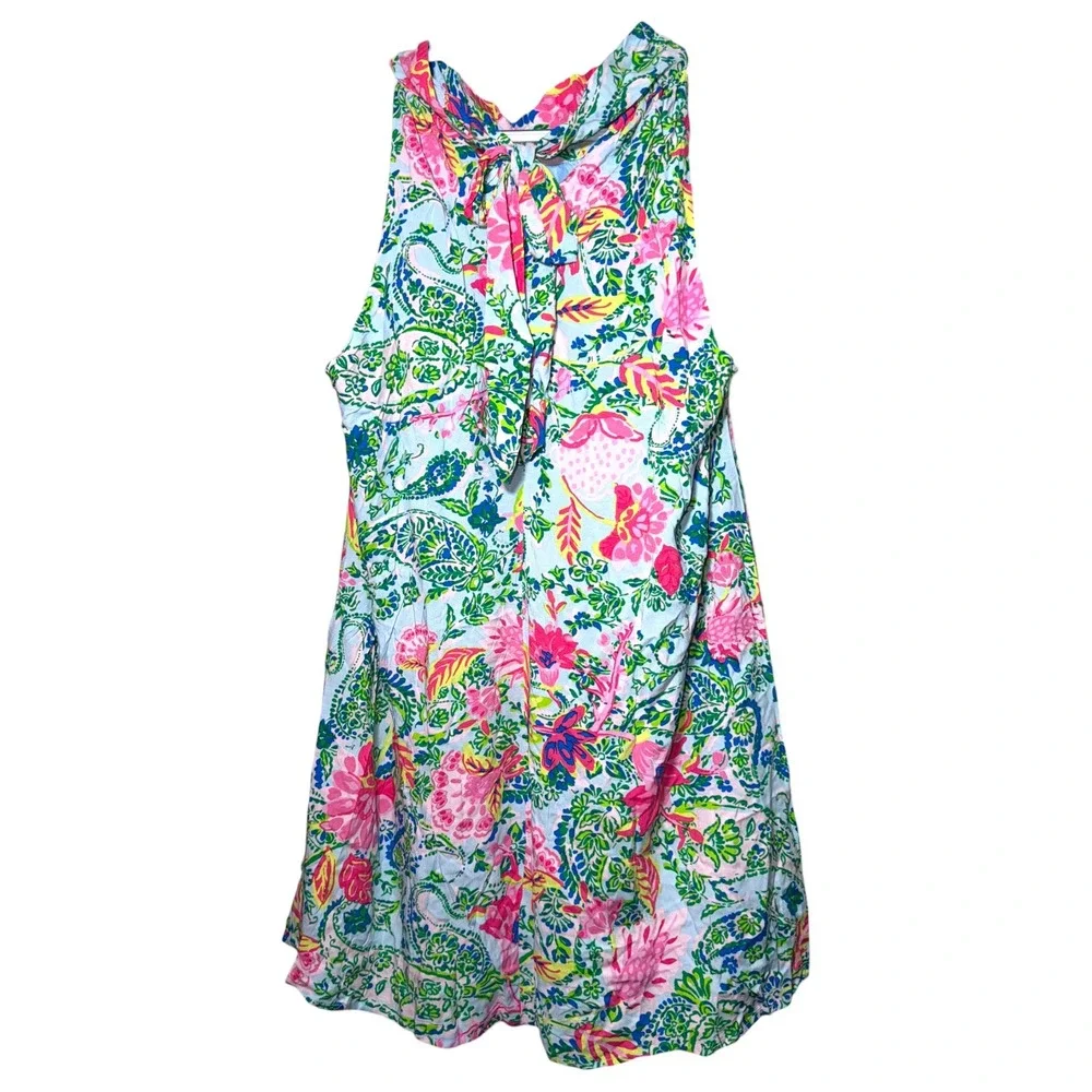 Emily Wonder 1X NWT Floral Paisley Swing Dress Tie Neck Sleeveless Resort NWT - Picture 4 of 7